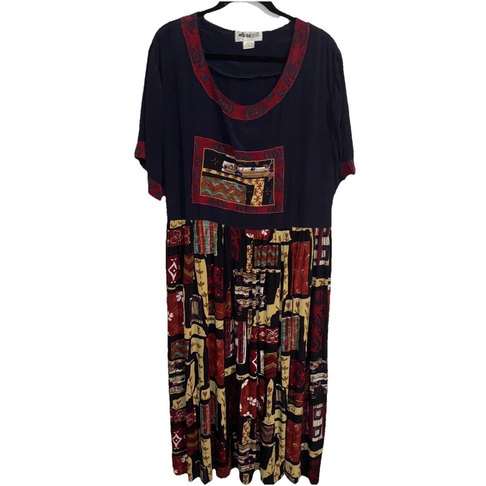 Vtg We Be Bop Size 1X Rayon Beaded Tie Back Dress Boho Art To Wear Hippie Modest